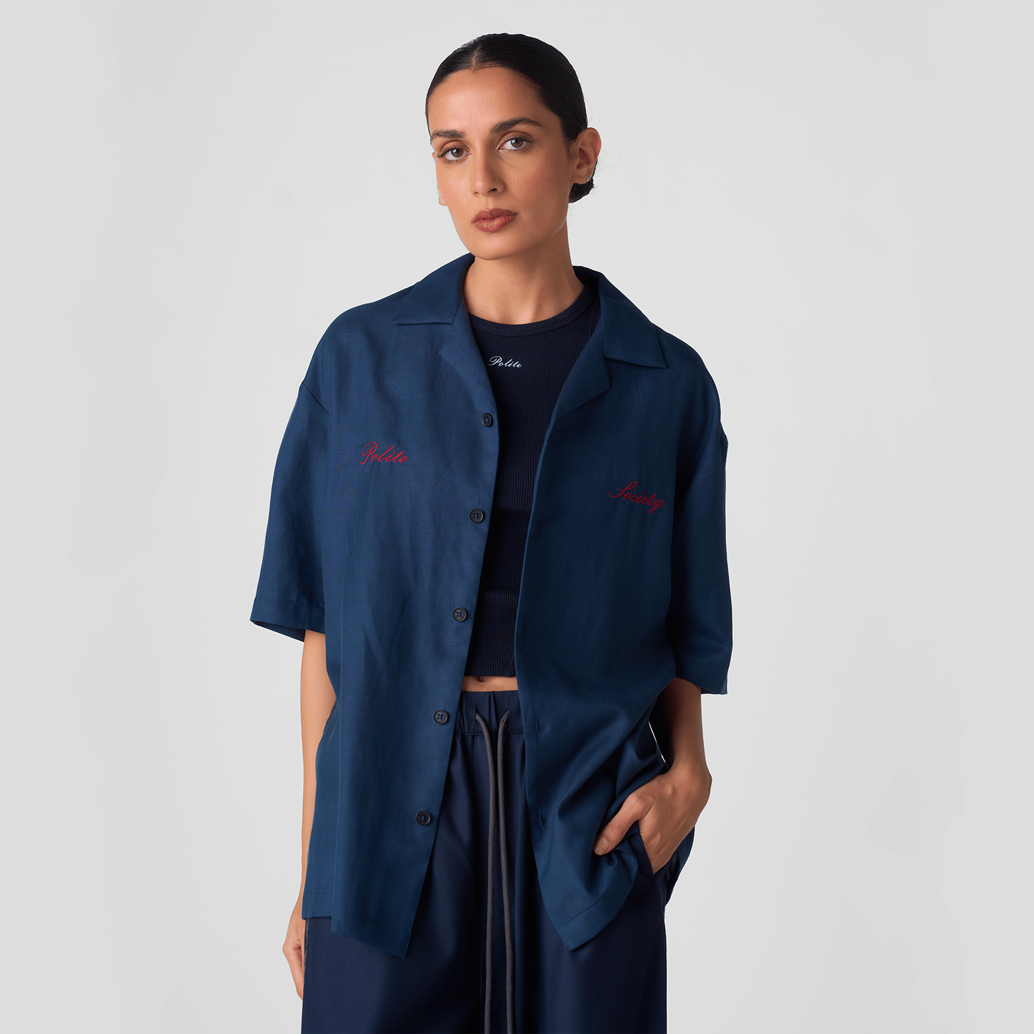 Polite Society HAND APPLIQUE BOWLING SHIRT (NAVY)