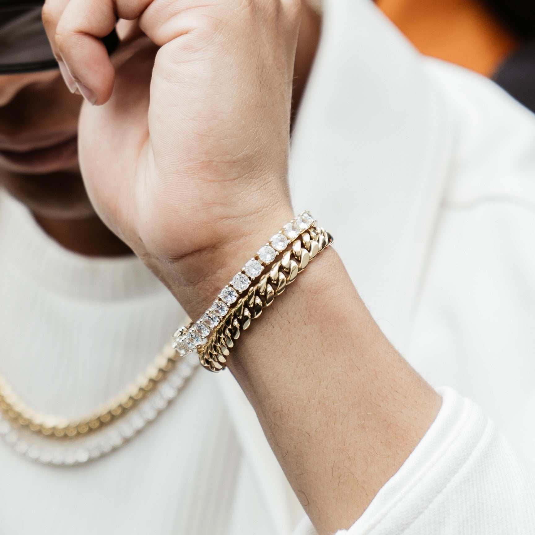 GLD Men 8 mm Miami Cuban + 5 mm Tennis Bracelets Bundle