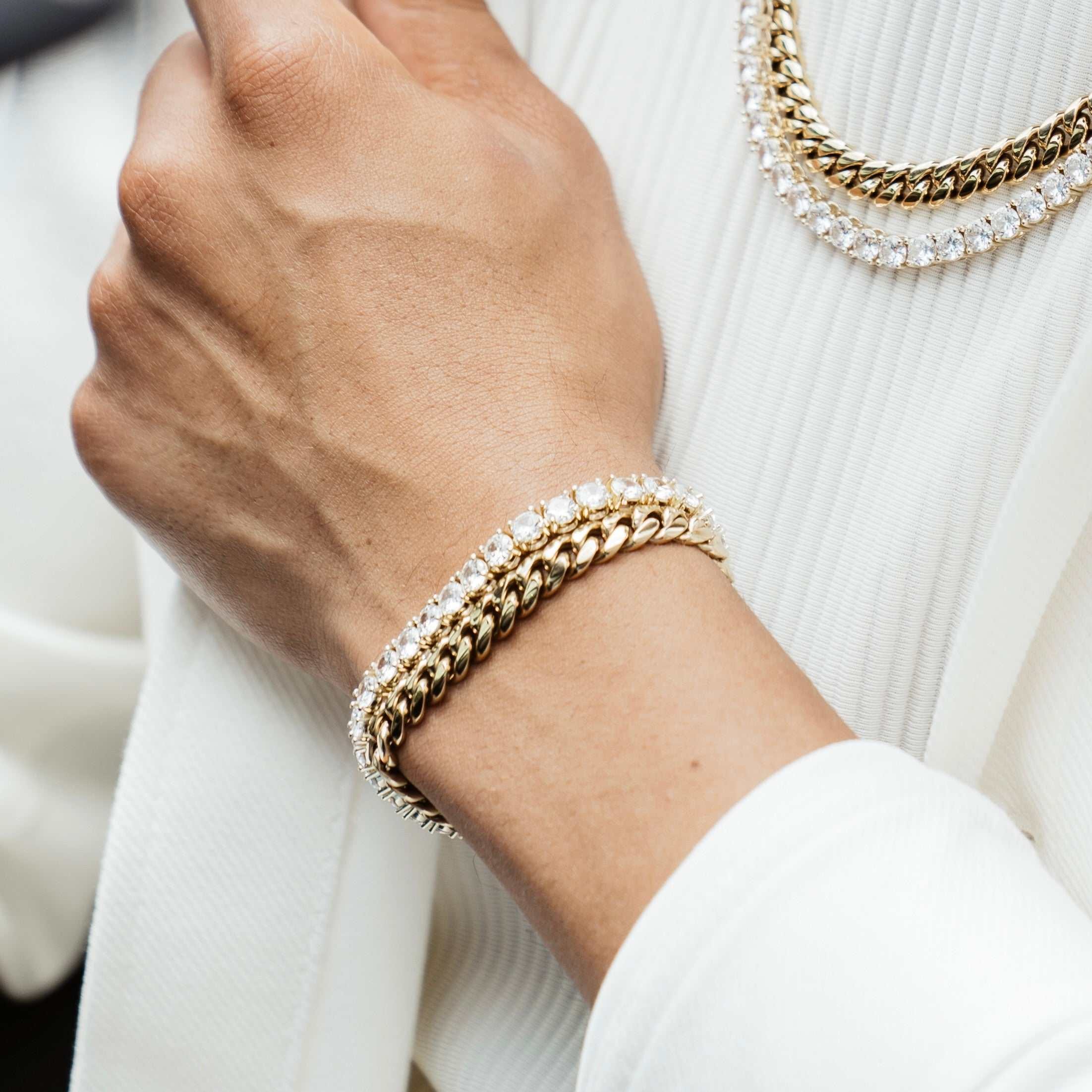 GLD Men 8 mm Miami Cuban + 5 mm Tennis Bracelets Bundle