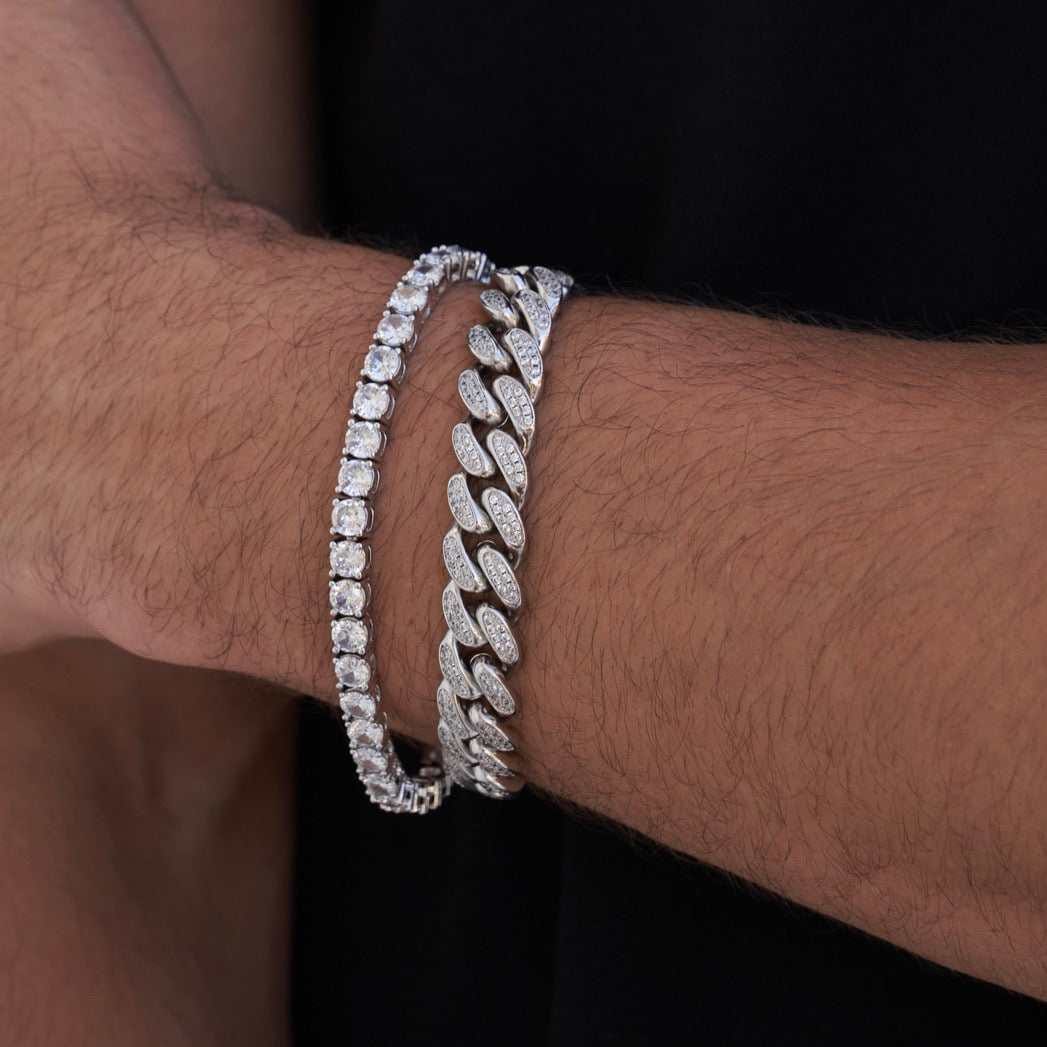 GLD Men 12 mm Diamond Cuban + 5 mm Tennis Bracelets Bundle - White Gold