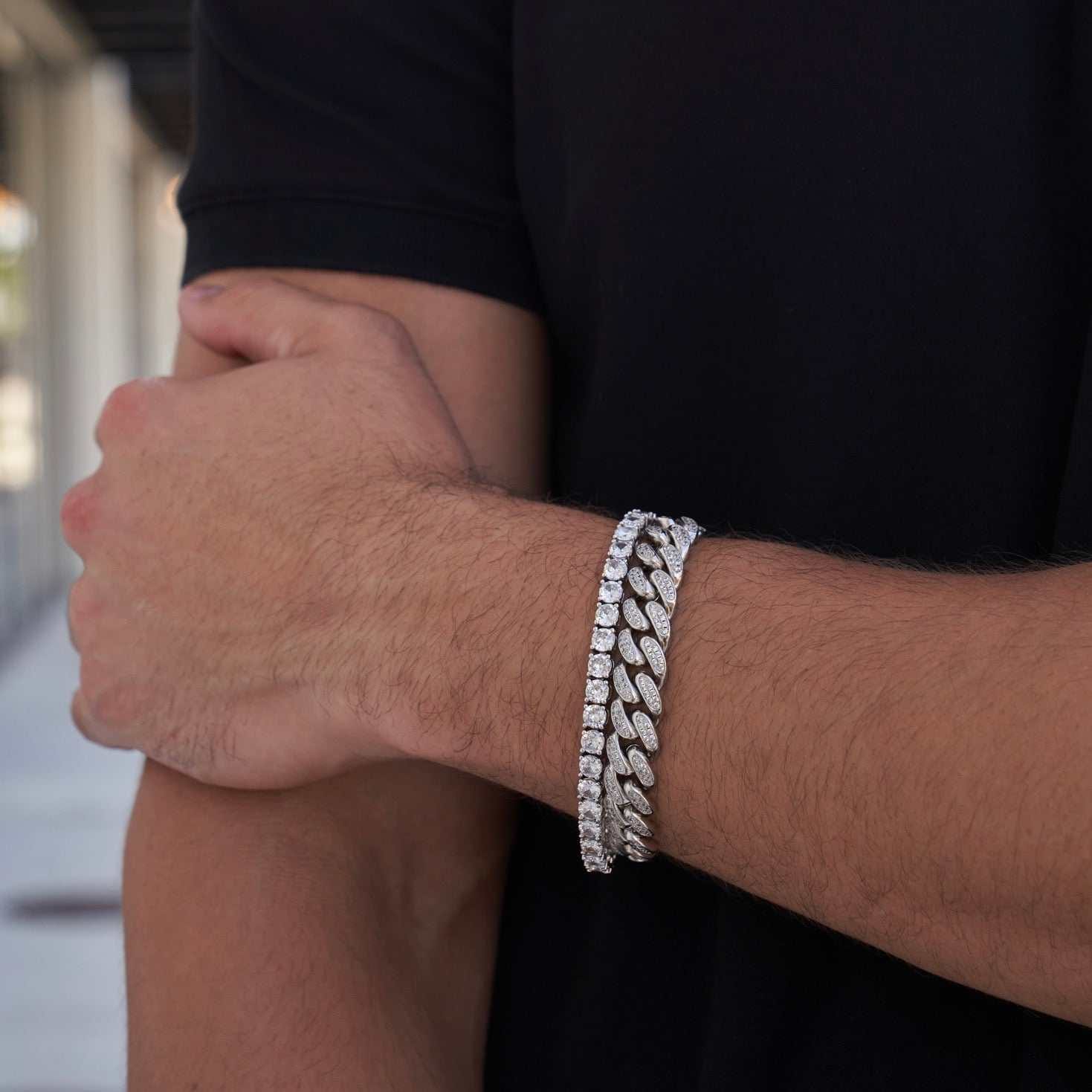 GLD Men 12 mm Diamond Cuban + 5 mm Tennis Bracelets Bundle - White Gold