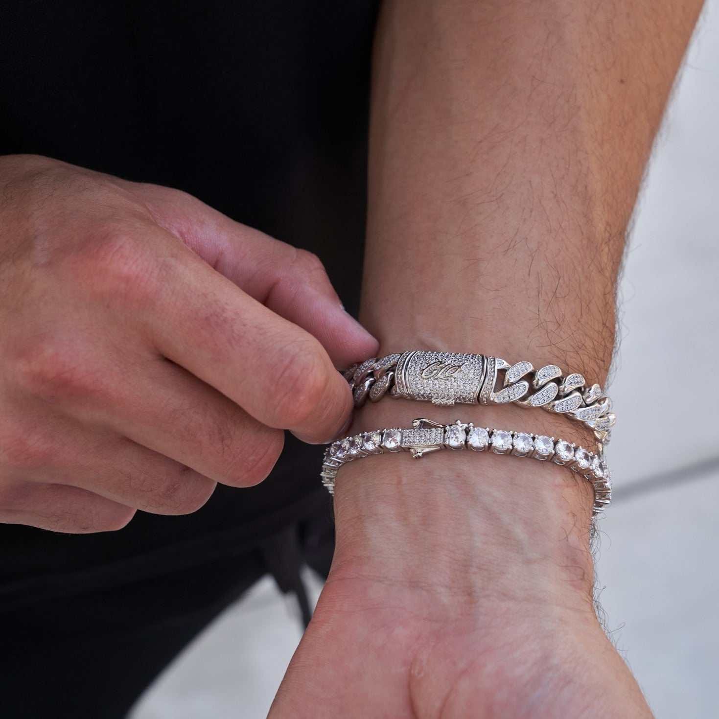 GLD Men 12 mm Diamond Cuban + 5 mm Tennis Bracelets Bundle - White Gold
