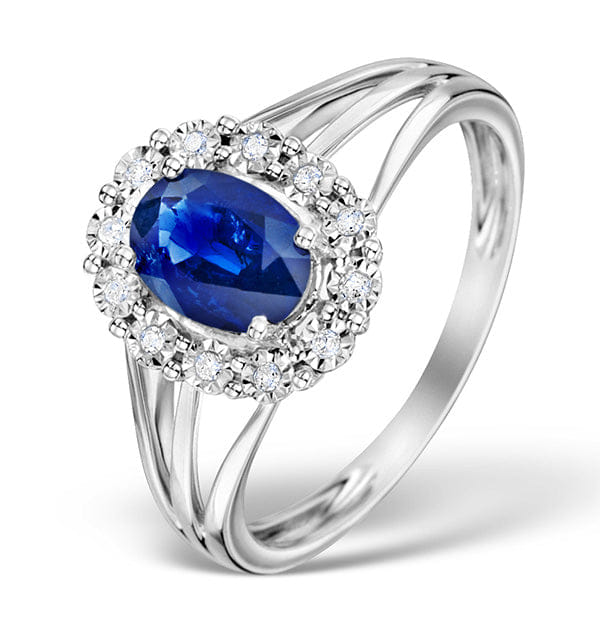 Diamond Sapphire 7 x 5 mm and Diamond 9K White Gold Ring - SIZE L