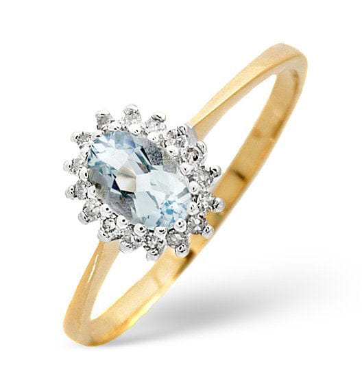 Diamond Aquamarine 6 x 4 mm And Diamond 9K Yellow Gold Ring