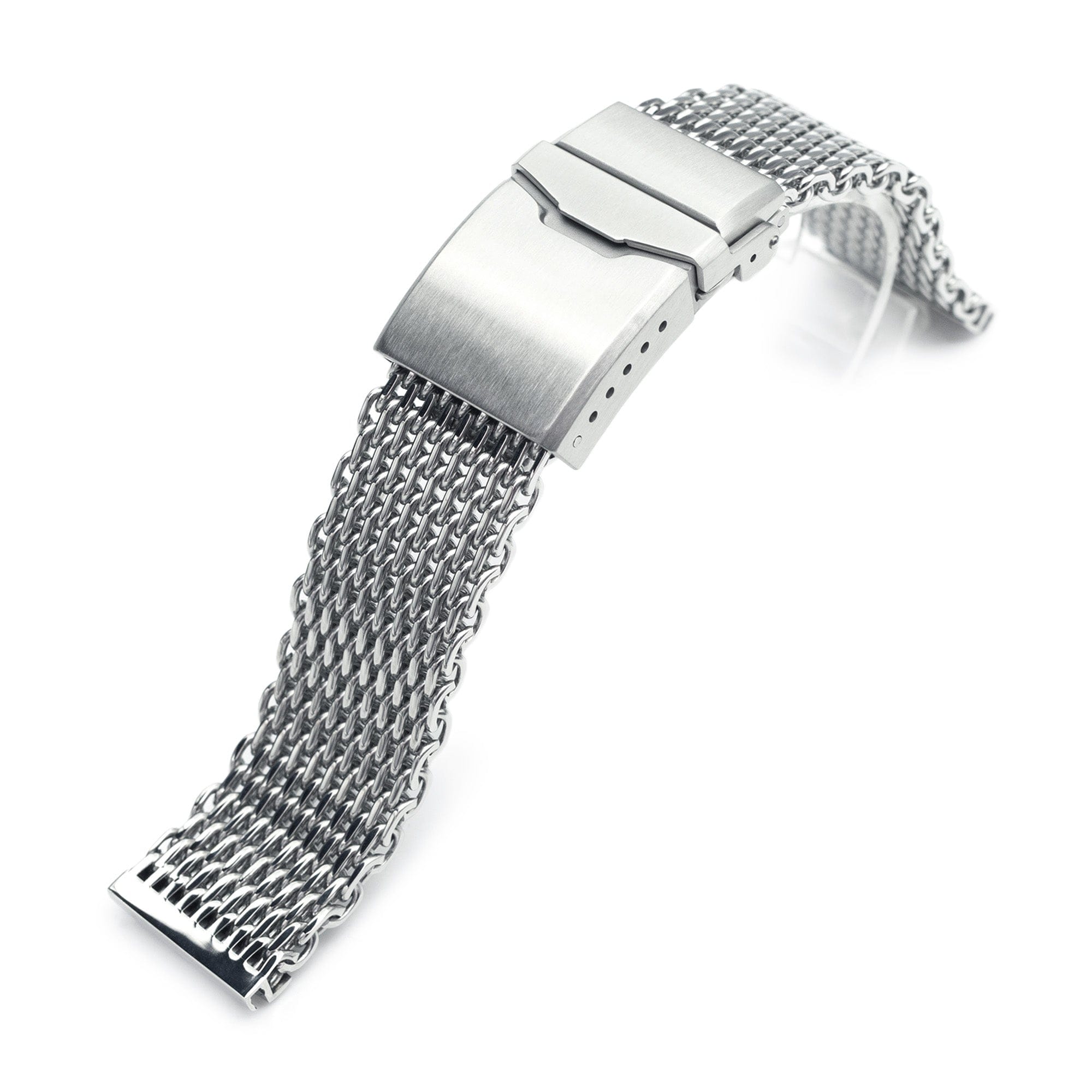 TBD-Items 22 mm Winghead SHARK Mesh Band Stainless Steel Watch Bracelet, Button Chamfer Clasp, Polished