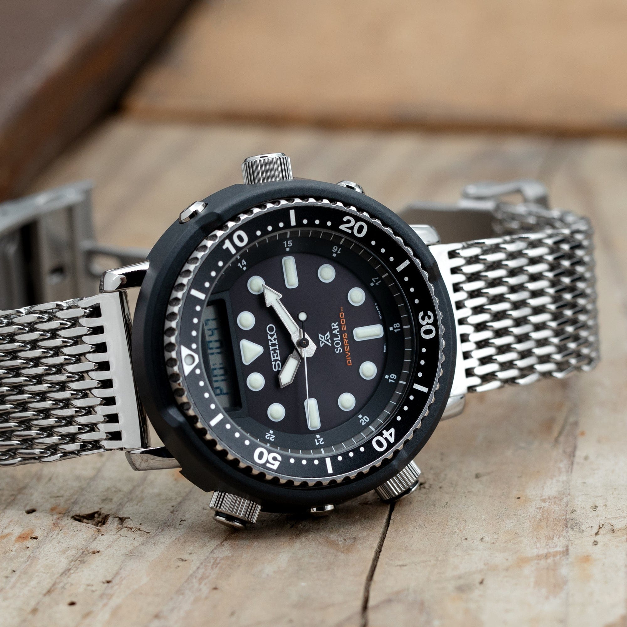 TBD-Items 22 mm Winghead SHARK Mesh Band Stainless Steel Watch Bracelet, Button Chamfer Clasp, Polished
