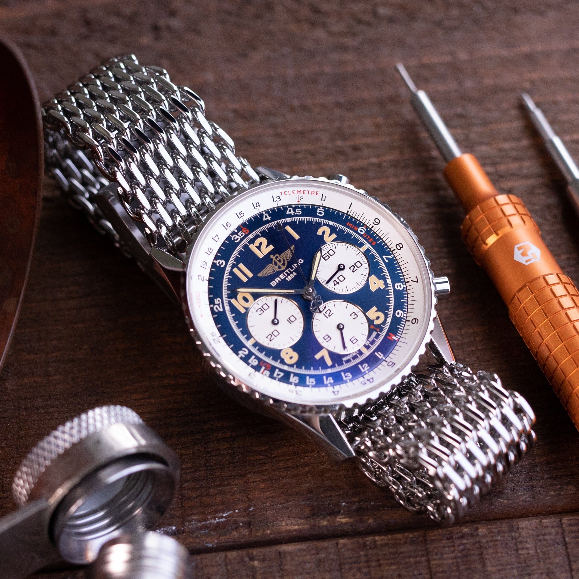 Miltat 20 mm Tapered Shark Mesh Polished Stainless Steel Watch Bracelet