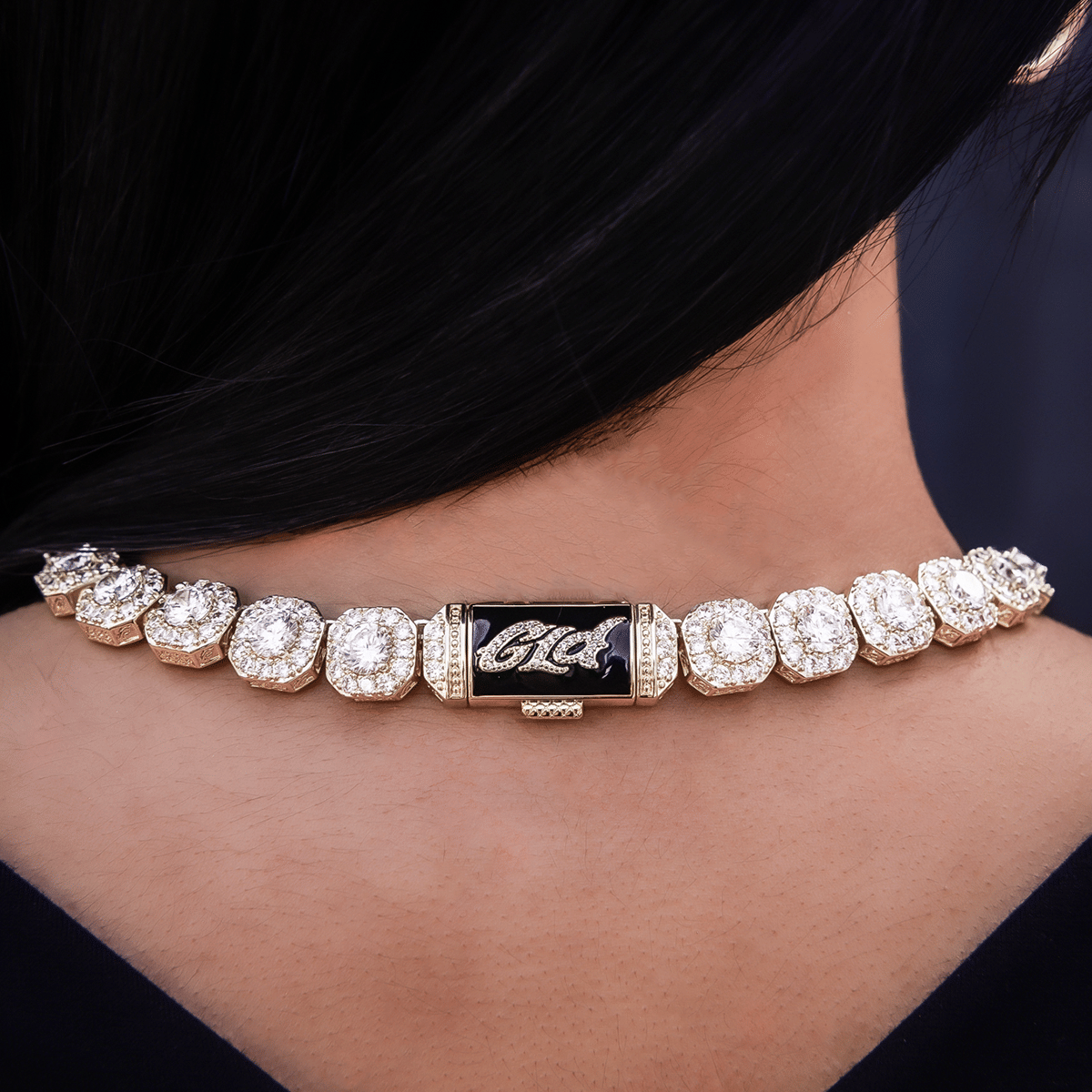 GLD PROMO - WOMEN Clustered Tennis Necklace in Yellow Gold - 12 mm