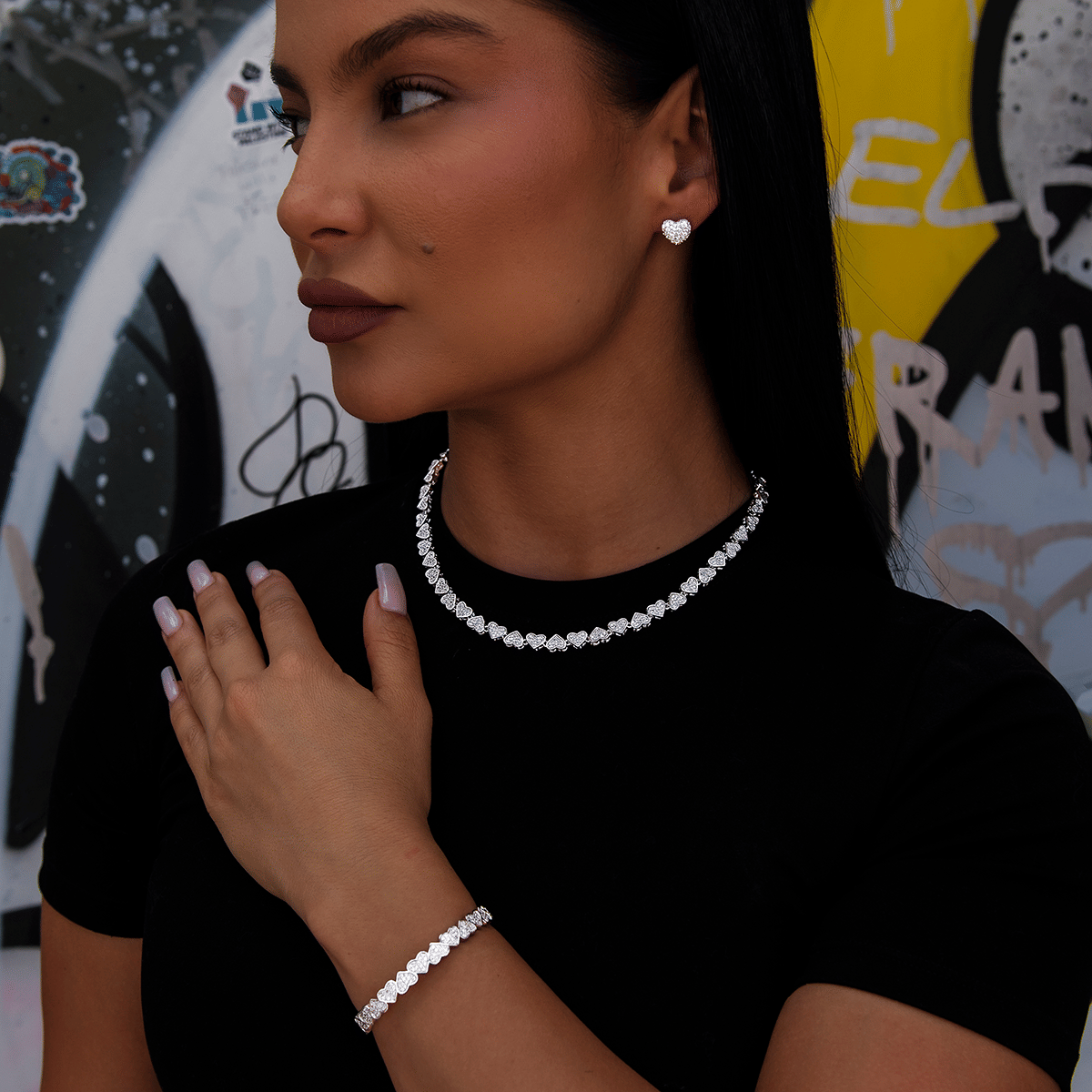 GLD Women Eternity Heart Necklace + Cuff Bracelet + Heart Pave Stud Earrings in White Gold