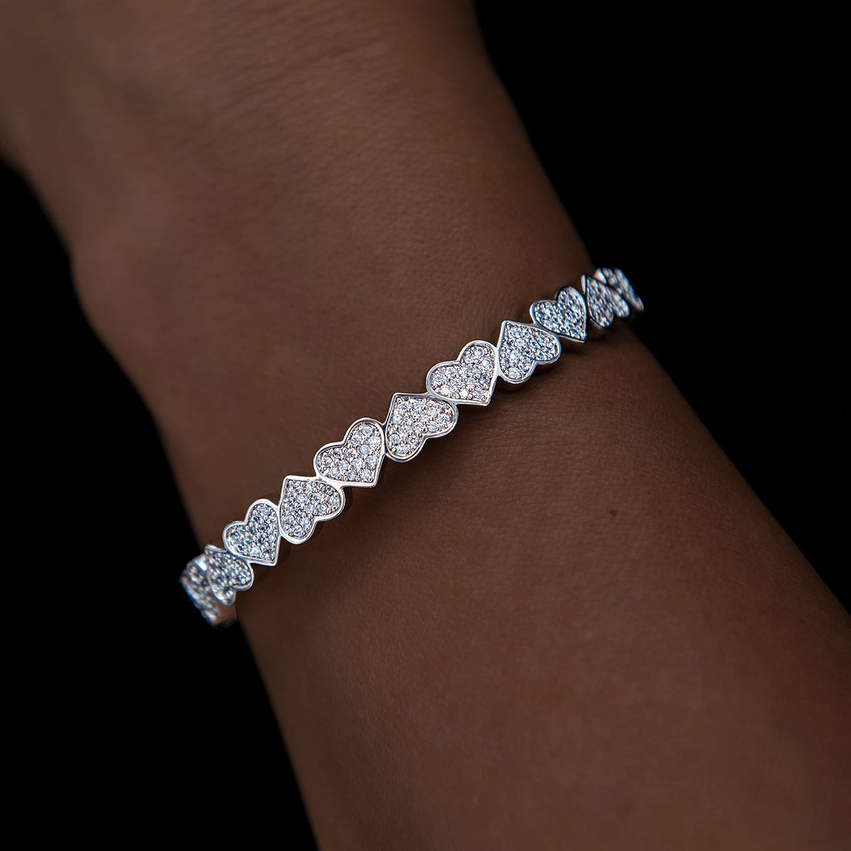 GLD Women Eternity Heart Necklace + Cuff Bracelet + Heart Pave Stud Earrings in White Gold