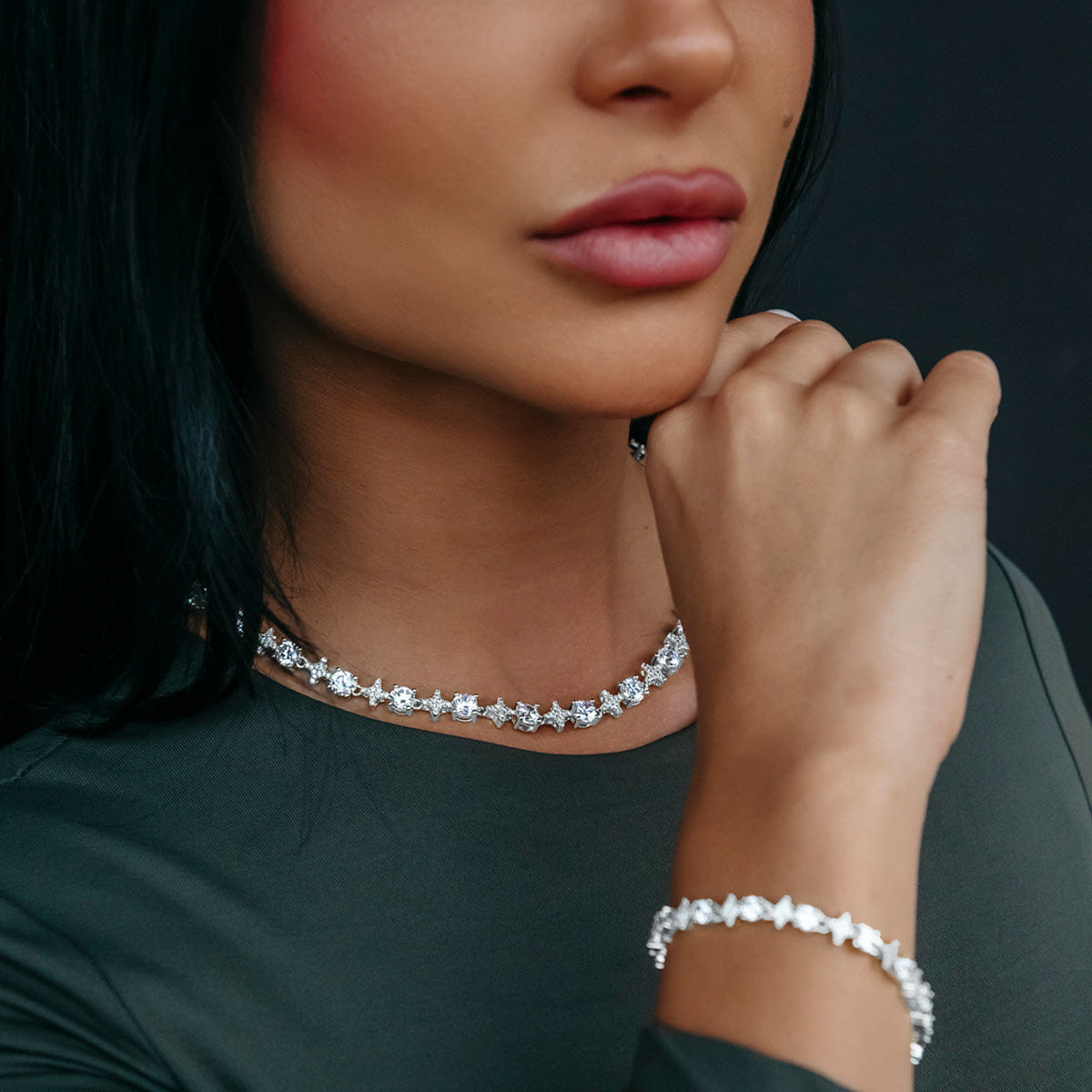 GLD Women Round Stone Star Tennis Necklace + Bracelet Bundle in White Gold