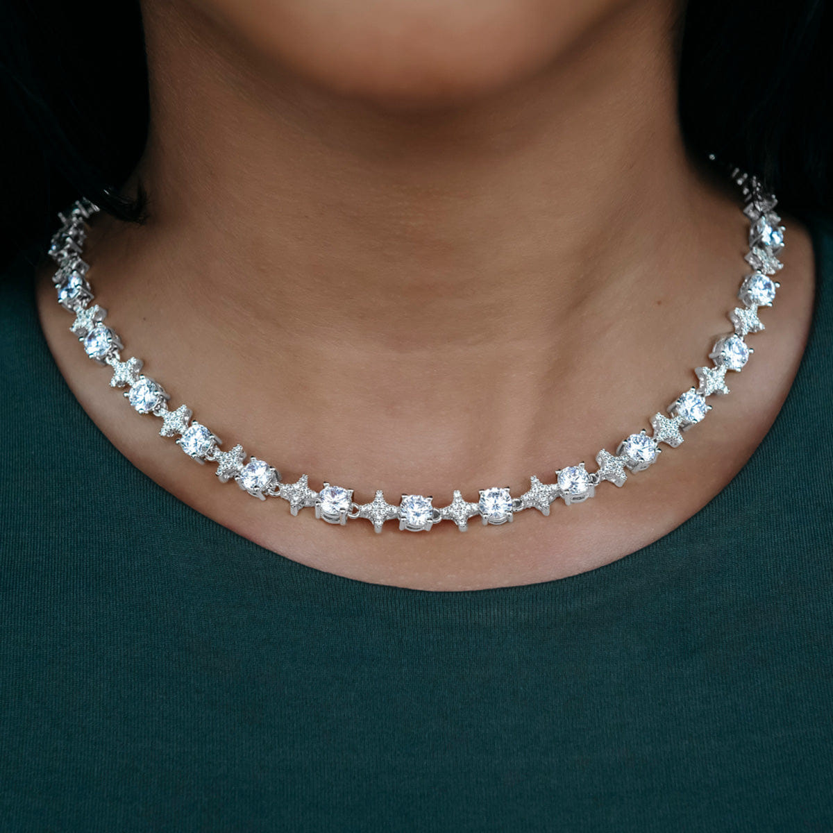GLD Women Round Stone Star Tennis Necklace + Bracelet Bundle in White Gold