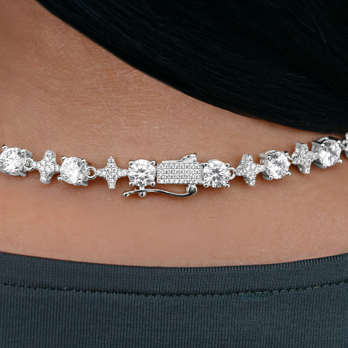 GLD Women Round Stone Star Tennis Necklace + Bracelet Bundle in White Gold