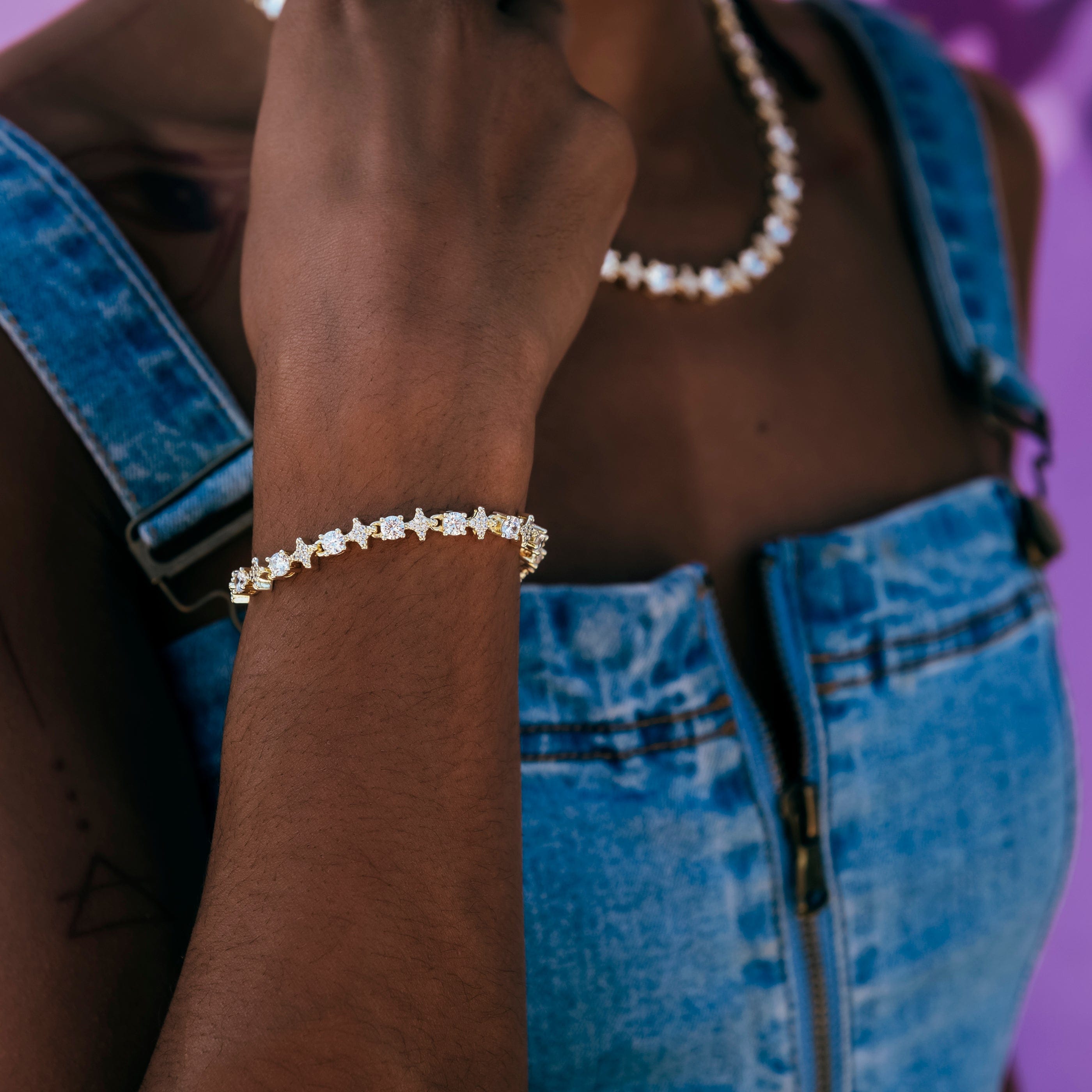 GLD Women Round Stone Star Tennis Necklace + Bracelet Bundle in Yellow Gold