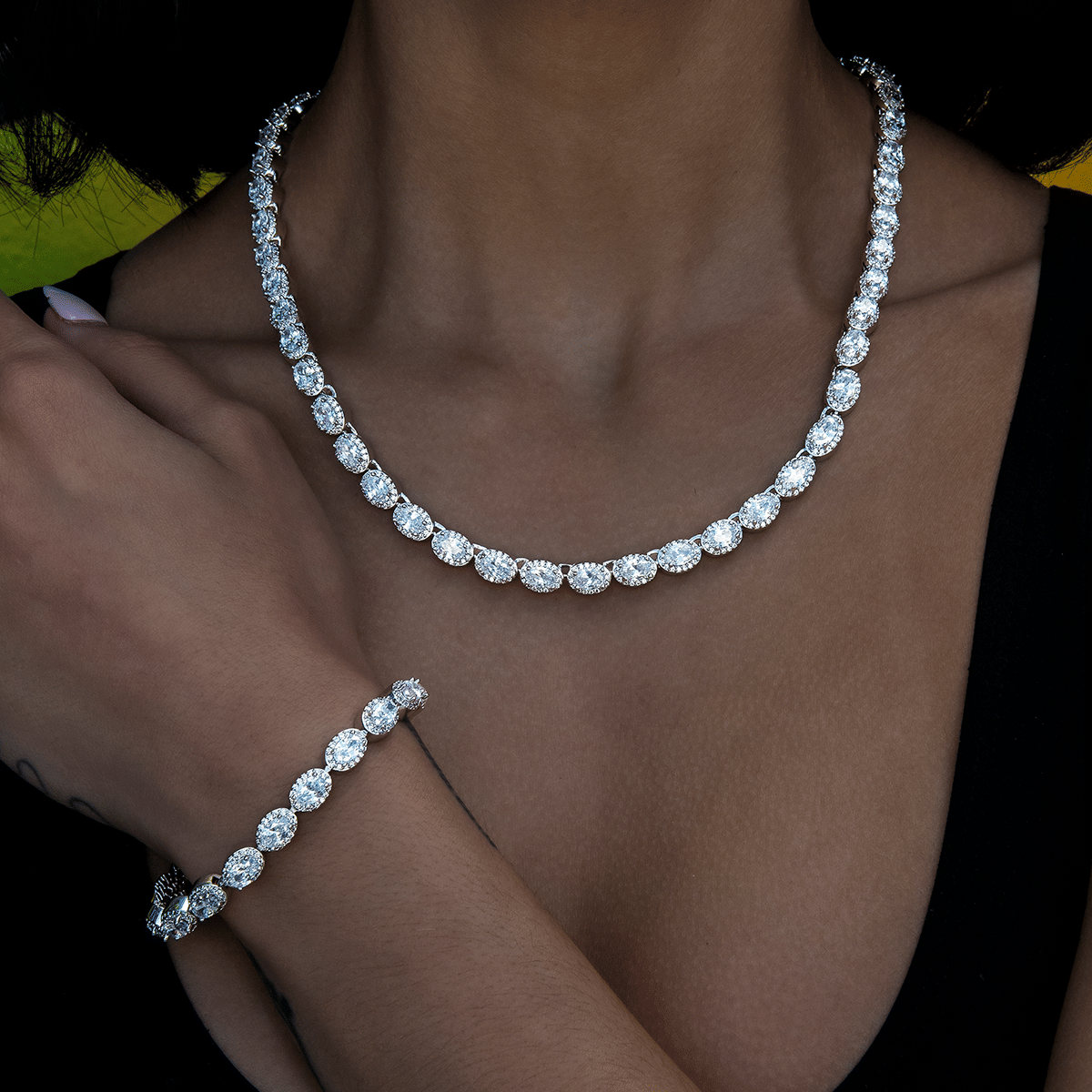 GLD Women Diamond Oval Clustered Tennis Necklace + Bracelet Bundle in White Gold - 4 mm