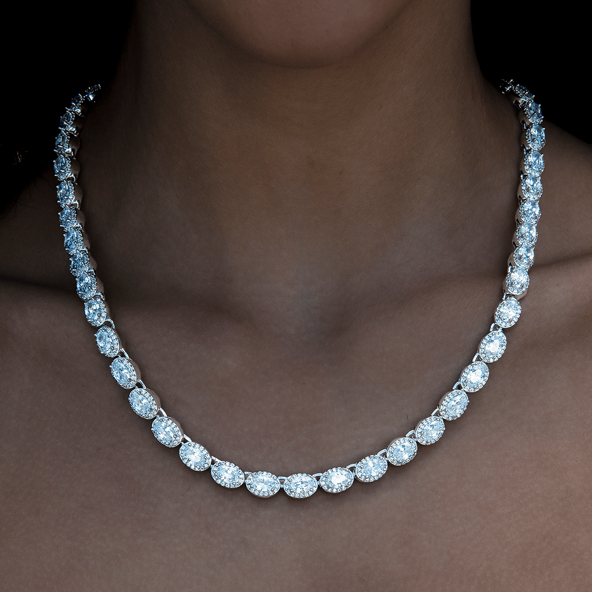 GLD Women Diamond Oval Clustered Tennis Necklace + Bracelet Bundle in White Gold - 4 mm