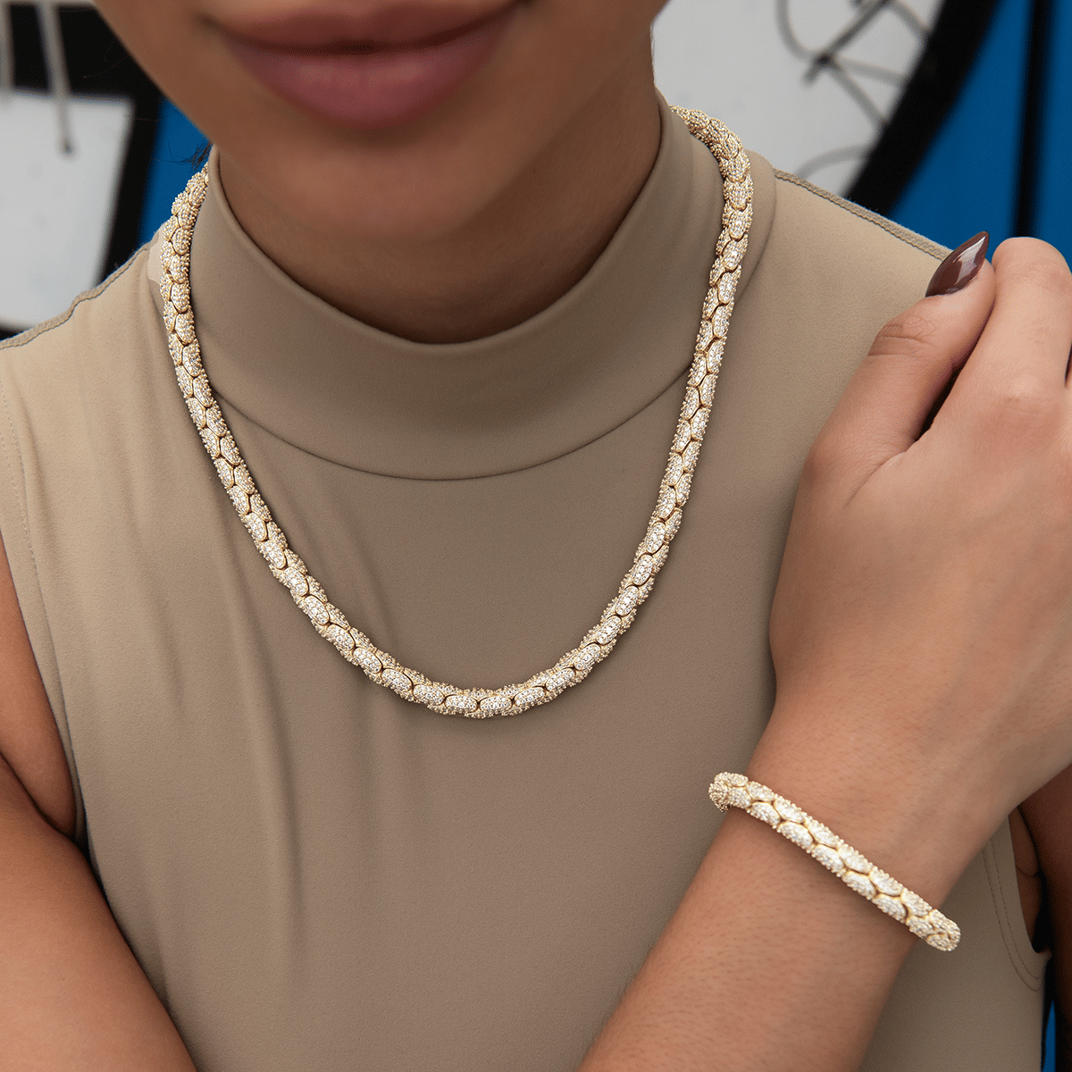 GLD Women Diamond Pave Snake Link Necklace + Bracelet Bundle in Yellow Gold - 6 mm