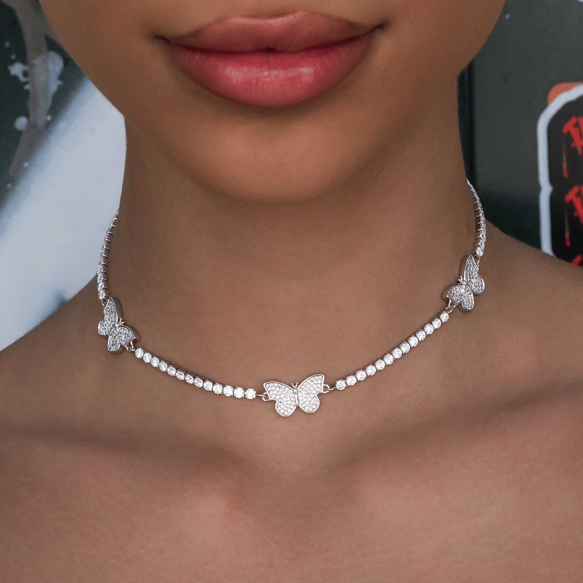GLD Women Micro Tennis Butterfly Necklace + Bracelet Bundle in White Gold