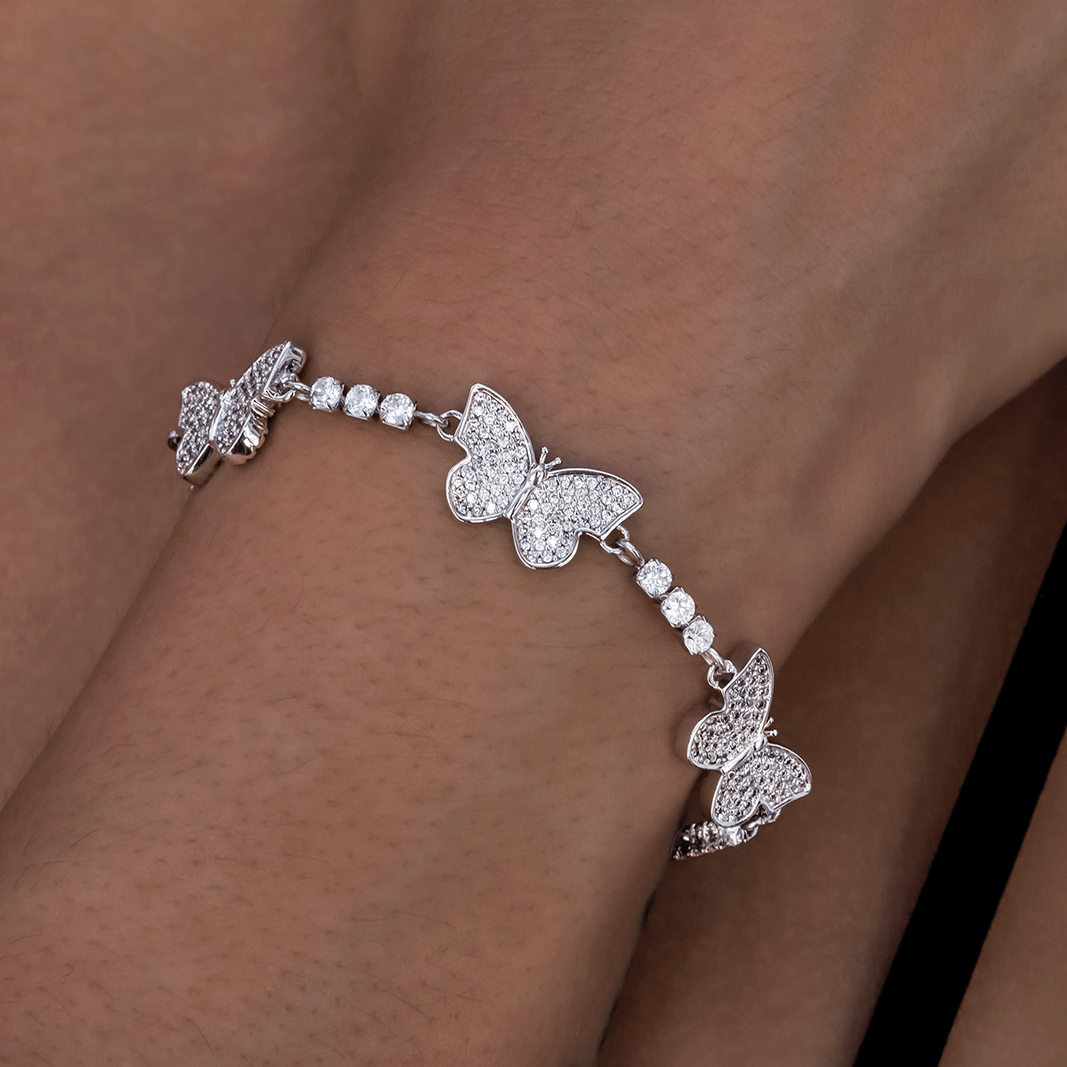 GLD Women Micro Tennis Butterfly Necklace + Bracelet Bundle in White Gold