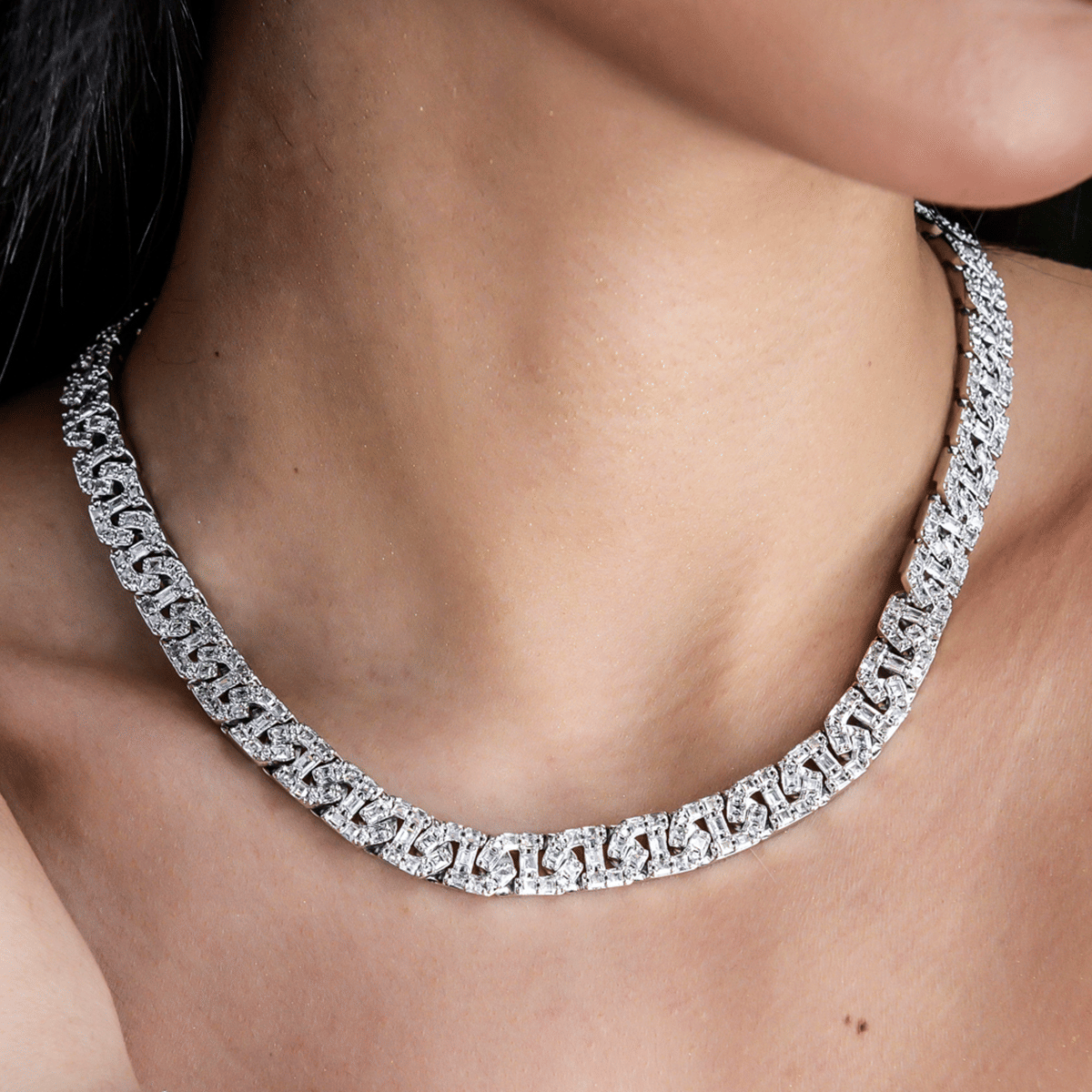 GLD Women Baguette Chain Link Necklace + Bracelet in White Gold - 8 mm