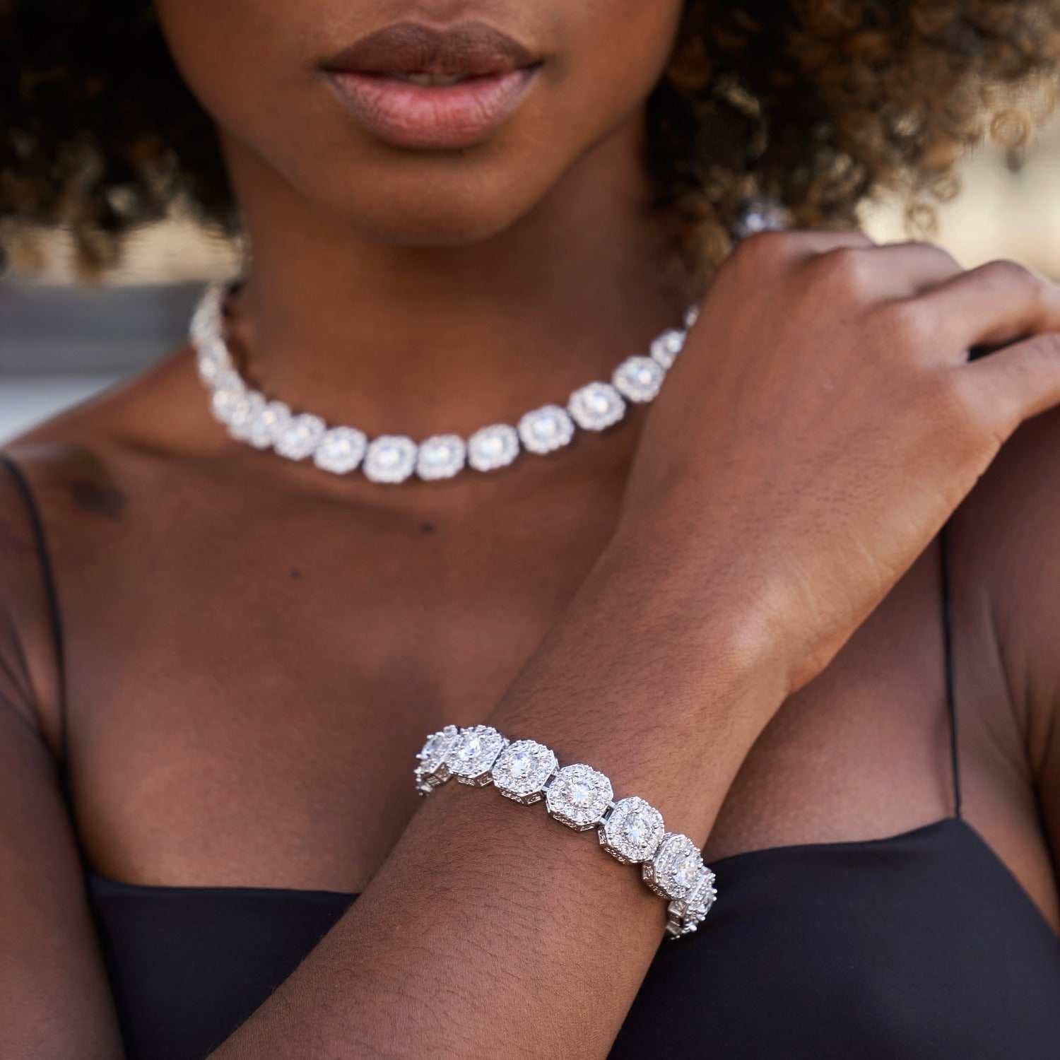 GLD Women Clustered Tennis Necklace + Bracelet Bundle - 12 mm
