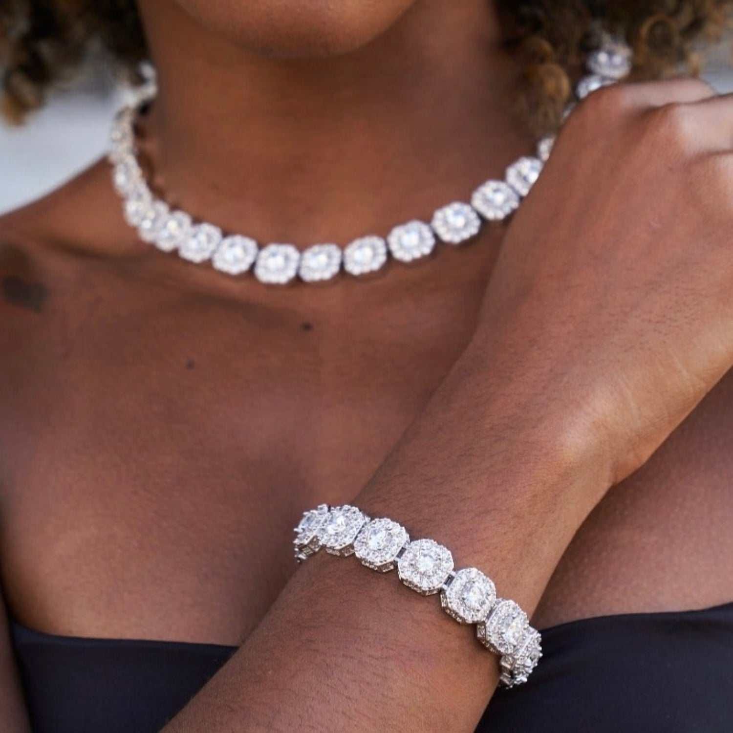 GLD Women Clustered Tennis Necklace + Bracelet Bundle - 12 mm