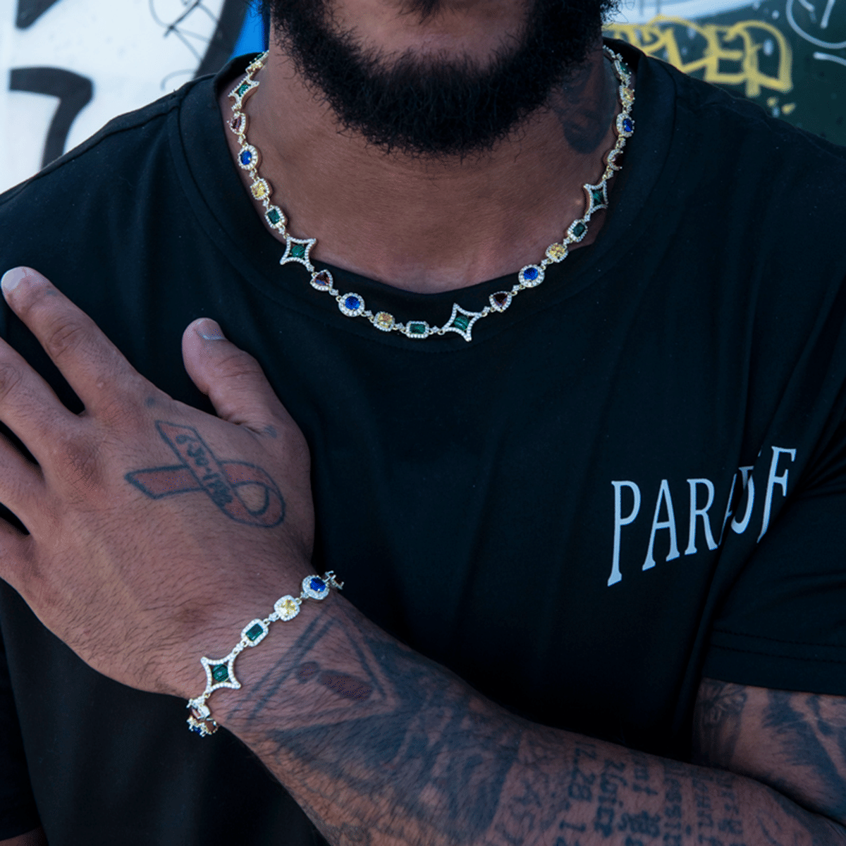 GLD Men Colored Gemstone Chain + Bracelet Bundle in Yellow Gold