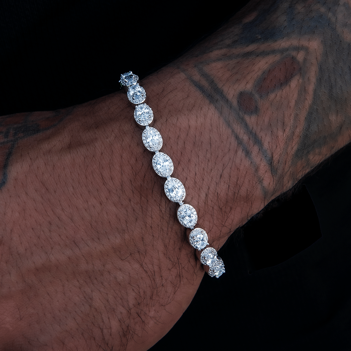 GLD Men Diamond Oval Clustered Tennis Chain + Bracelet Bundle in White Gold - 4 mm