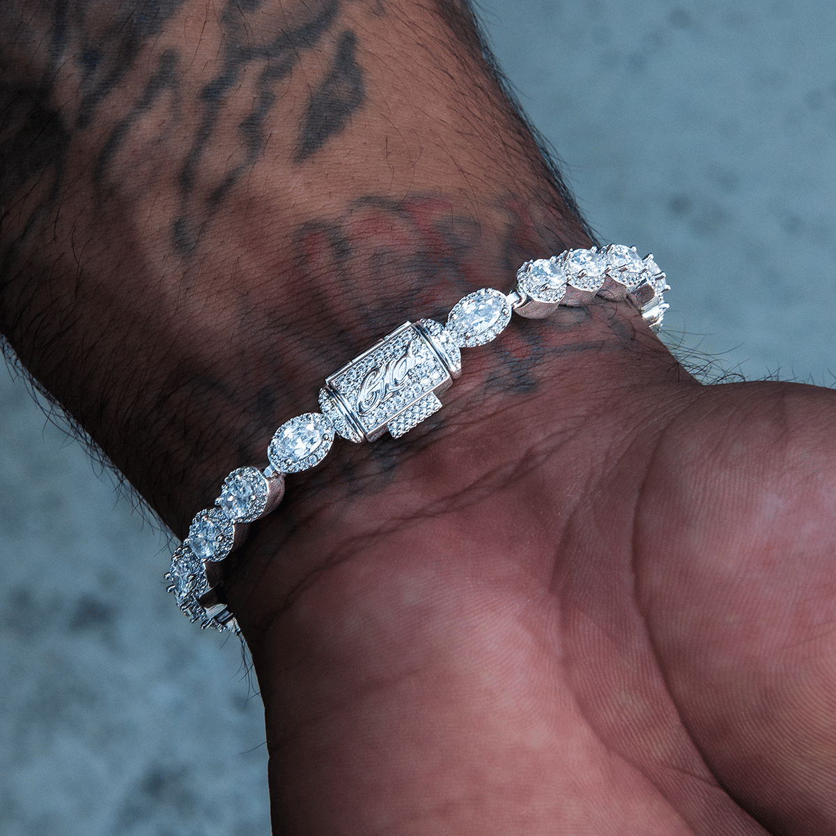 GLD Men Diamond Oval Clustered Tennis Chain + Bracelet Bundle in White Gold - 4 mm