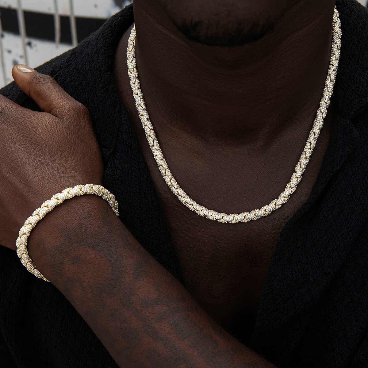 GLD Men Diamond Pave Snake Link Chain + Bracelet Bundle in Yellow Gold - 6 mm