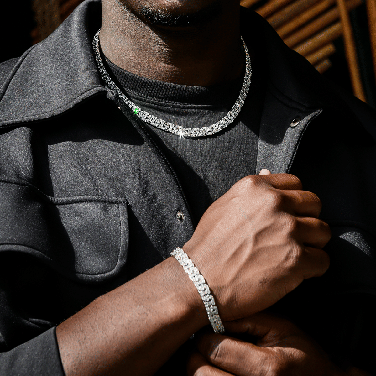 GLD Men Baguette Chain Link Necklace + Bracelet in White Gold - 8 mm