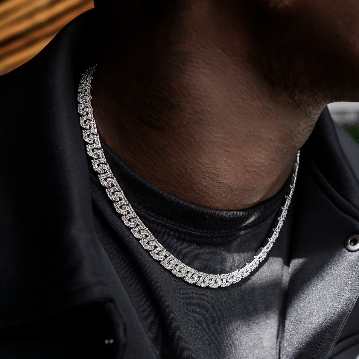 GLD Men Baguette Chain Link Necklace + Bracelet in White Gold - 8 mm