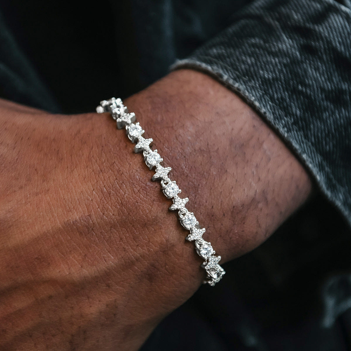 GLD Men Round Stone Star Tennis Chain + Bracelet Bundle in White Gold