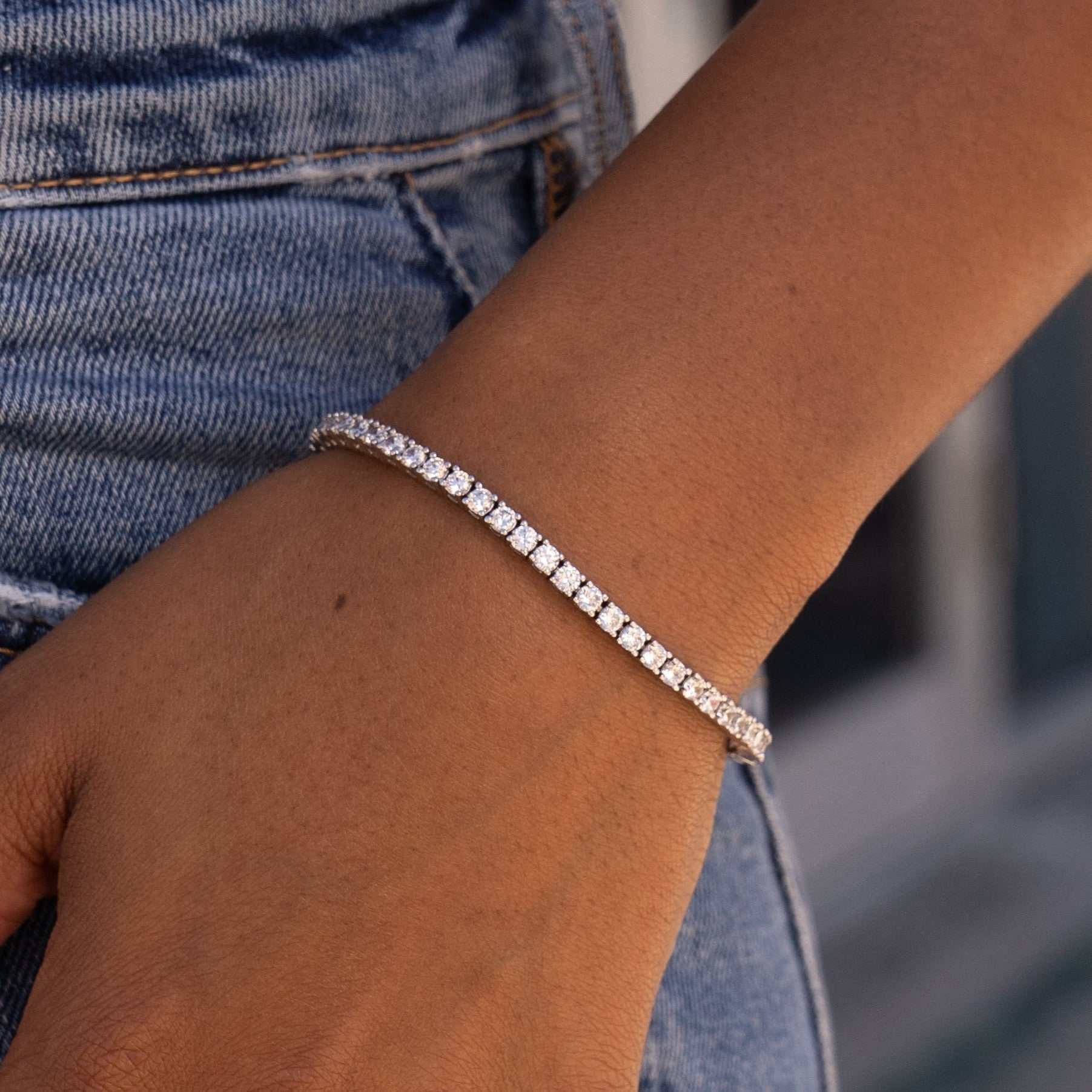 GLD Women Diamond Tennis Bracelet + Diamond Eternity Band Ring Gift Bundle in White Gold - 3 mm