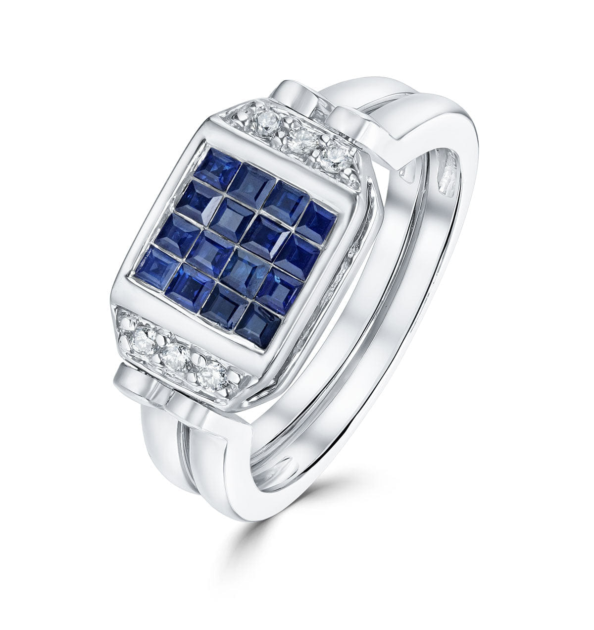 Diamond 9K White Gold Diamond and Sapphire Reversable Ring - SIZE L