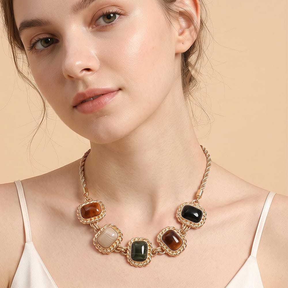 Vintage Bold Rectangular Natural Stone Vintage Frame Link Statement Necklace