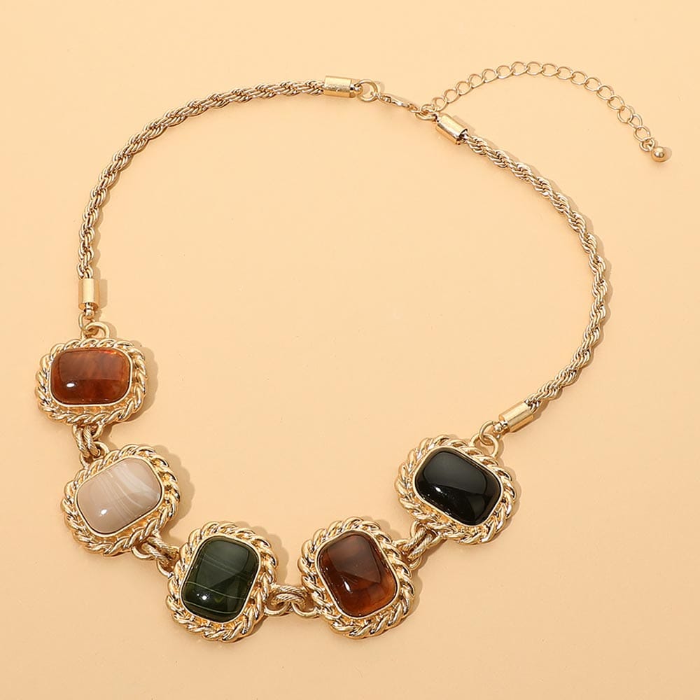 Vintage Bold Rectangular Natural Stone Vintage Frame Link Statement Necklace