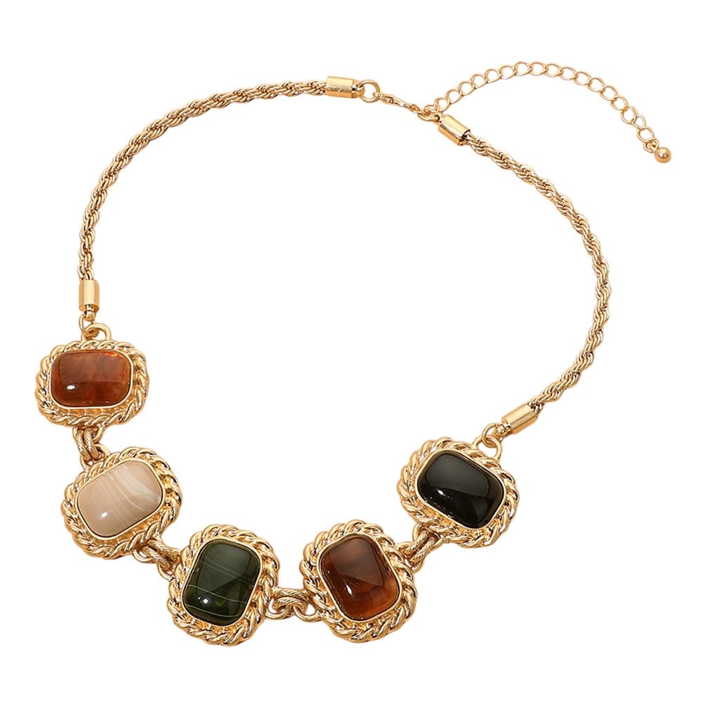 Vintage Bold Rectangular Natural Stone Vintage Frame Link Statement Necklace