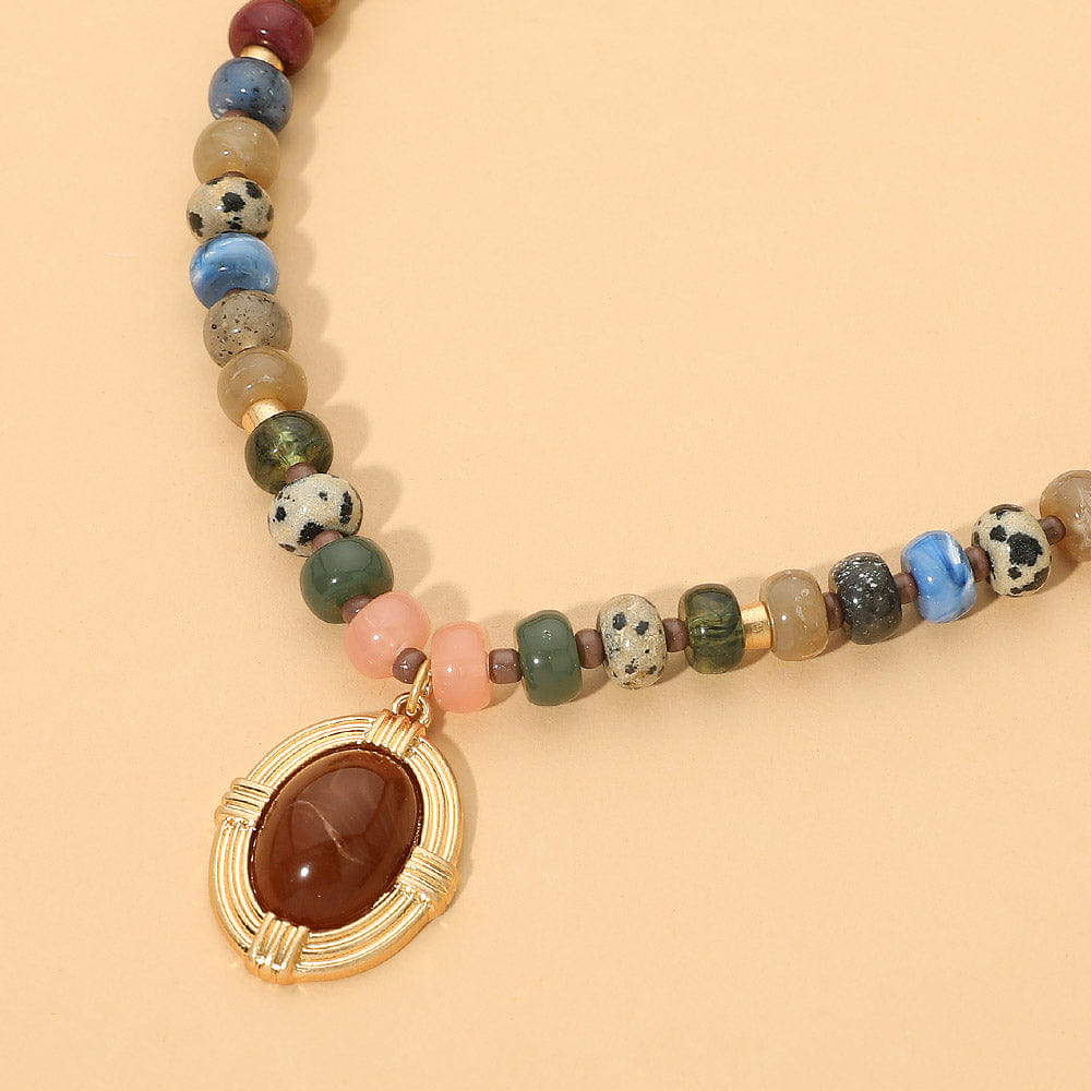 FRAME Oval Stone Frame Pendant Accent Natural Stone Beaded Necklace