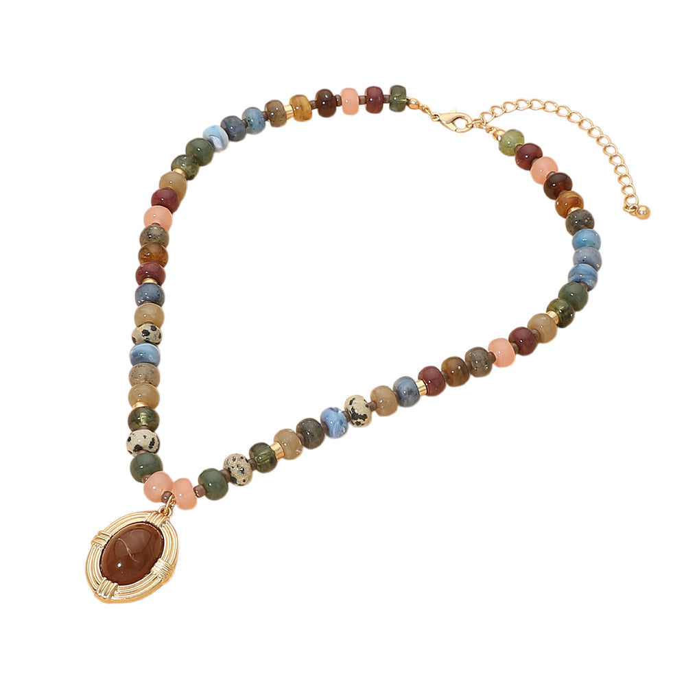FRAME Oval Stone Frame Pendant Accent Natural Stone Beaded Necklace