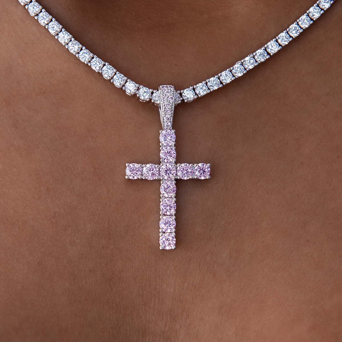 GLD Women Diamond Tennis Necklace + Pink Diamond Cross Pendant Gift Bundle in White Gold - 3 mm