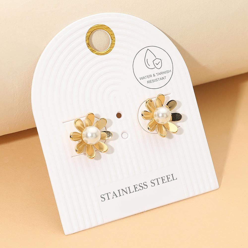 Flower Stainless Steel Pearl Flower Stud Earrings 0.5" x 0.5"