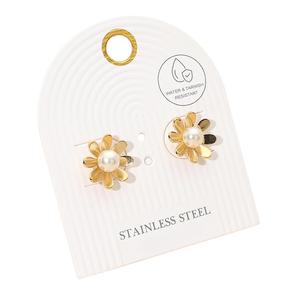Flower Stainless Steel Pearl Flower Stud Earrings 0.5" x 0.5"