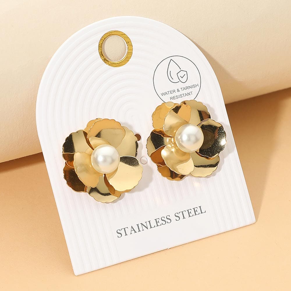 Flower Stainless Steel Pearl Flower Stud Earrings 0.9" x 0.8"