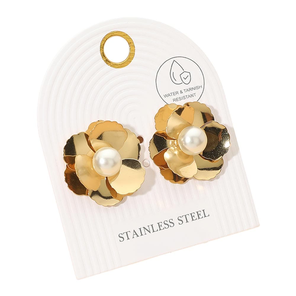Flower Stainless Steel Pearl Flower Stud Earrings 0.9" x 0.8"