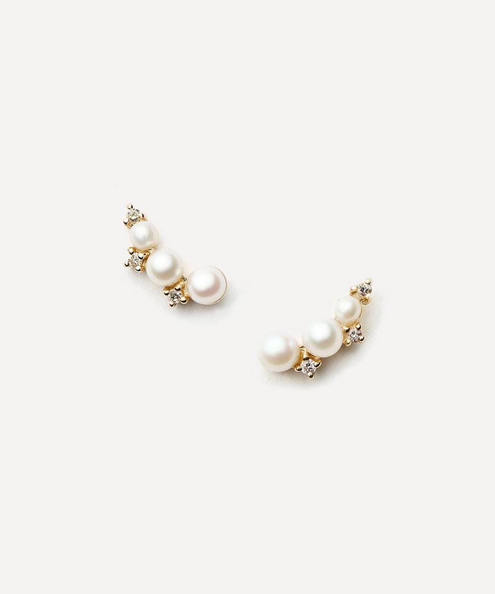 Missoma 14ct Gold Fine Diamond and Pearl Mini Climber Stud Earrings