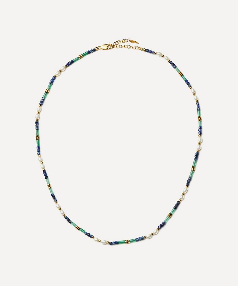Missoma 18ct Gold - Plated Lagoon Blue Beaded Gemstone and Pearl Short Necklace