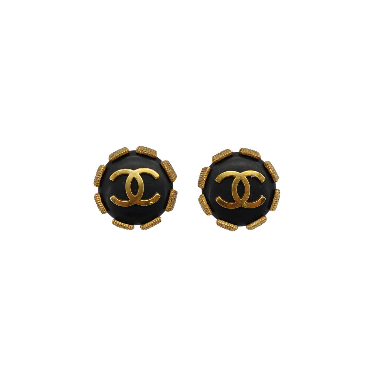 VINTAGE CHANEL EARRINGS COCOMARK ROUND BLACK GOLD ACCESSORY 94P 90330684