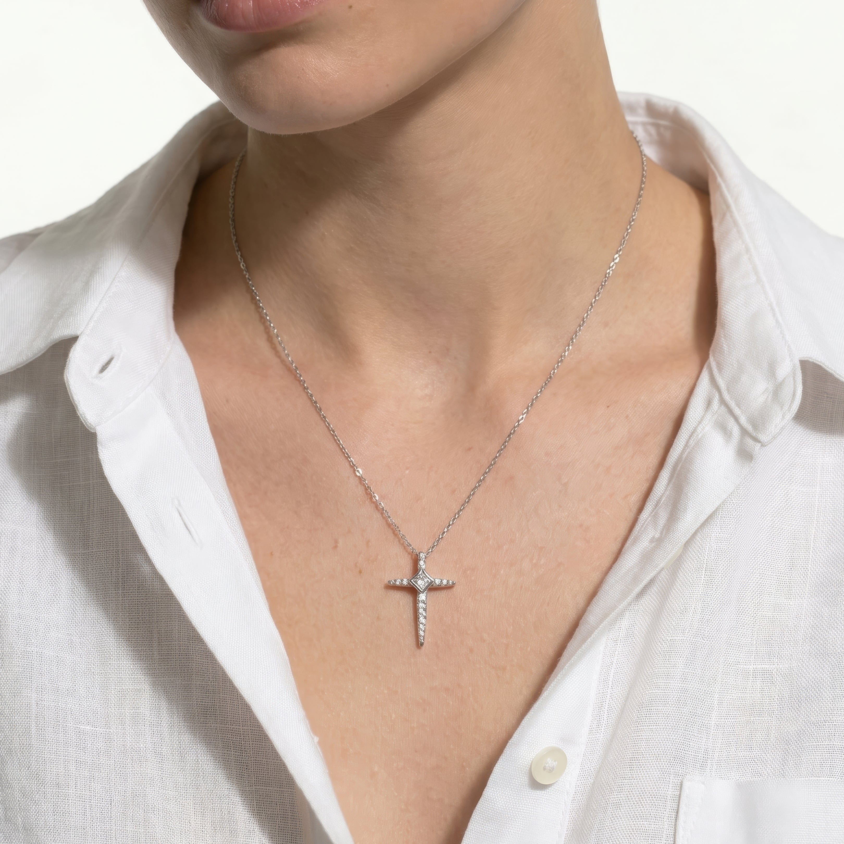 Diamond Pointed Lab Created Diamond Cross Pendant