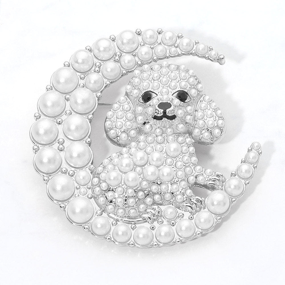 Crescent Cute Pearl Dog Crescent Moon Pin Brooch